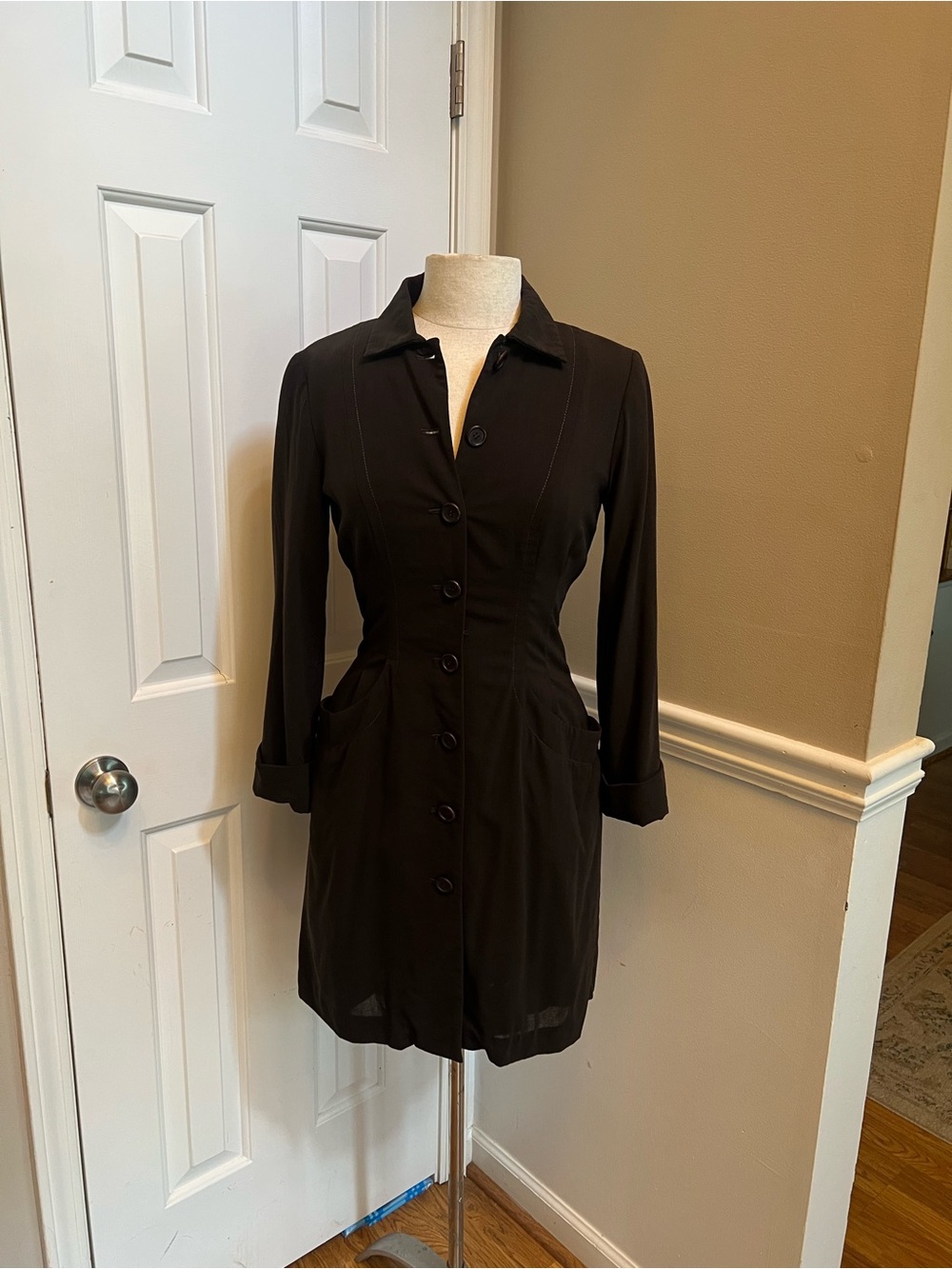 Anne Klein Black Long-Sleeve Button Shirt Dress